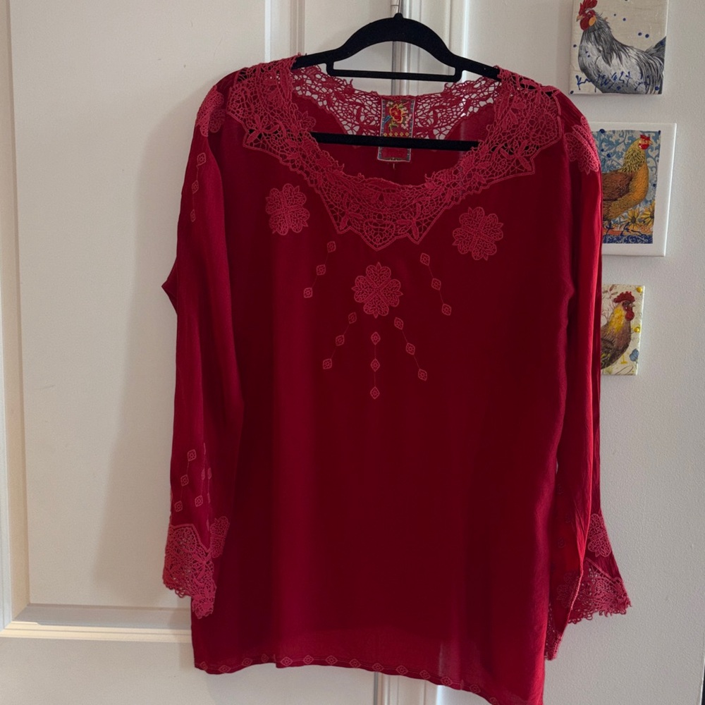 JOHNNY WAS vintage Red Lace Trim Blouse